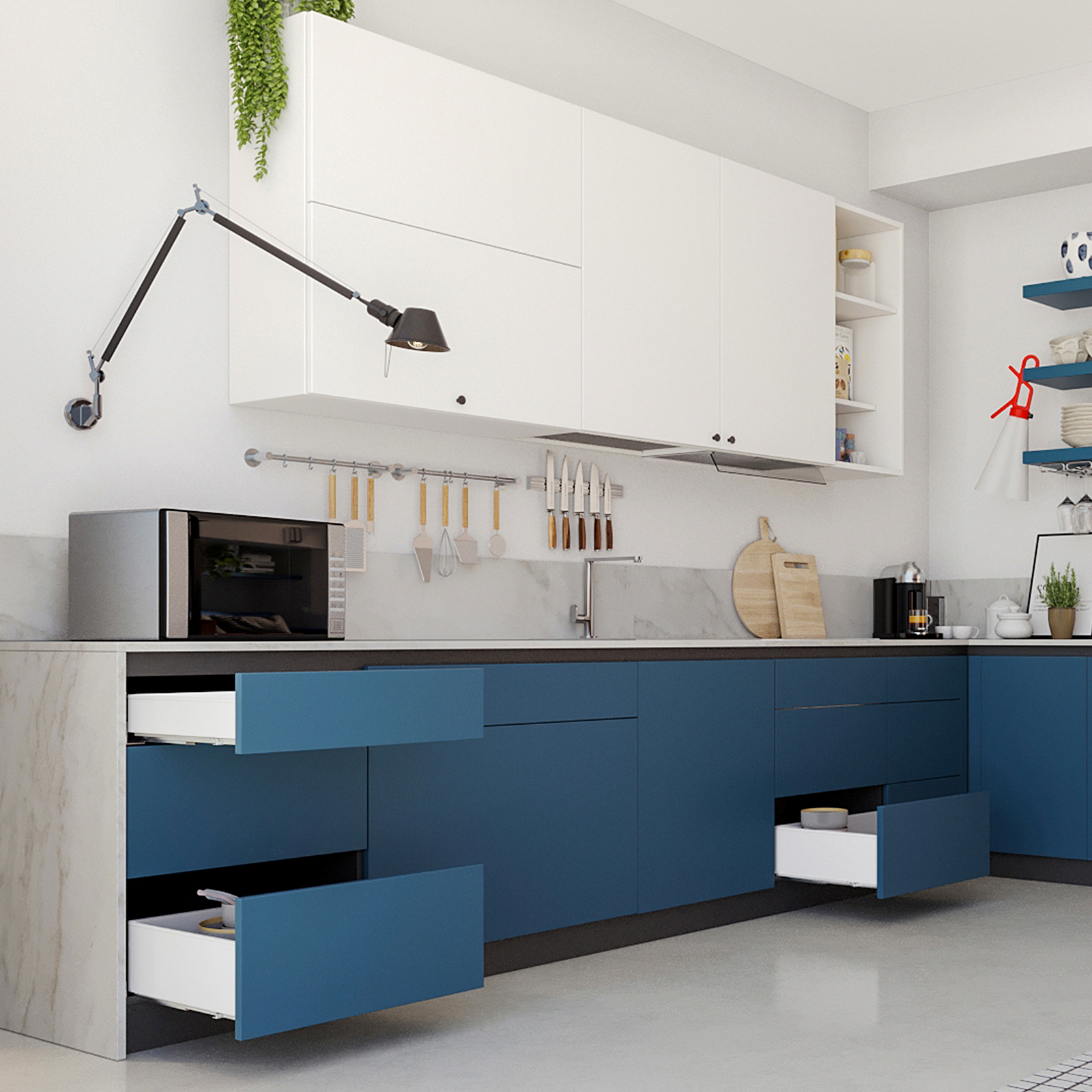 दराज सेट, अतिरिक्त पतले फ्रेम के साथ, ऊंचाई: 88 मिमी (3-15/32"), सतह: सफेद, 450 मिमी (17-23/32"), संस्करण: नरम-बंद के साथ आंशिक पुल-आउट, 3275312. रसोई के फर्नीचर के लिए दराज सेट और बहुत कुछ, EMUCA द्वारा - Image 6